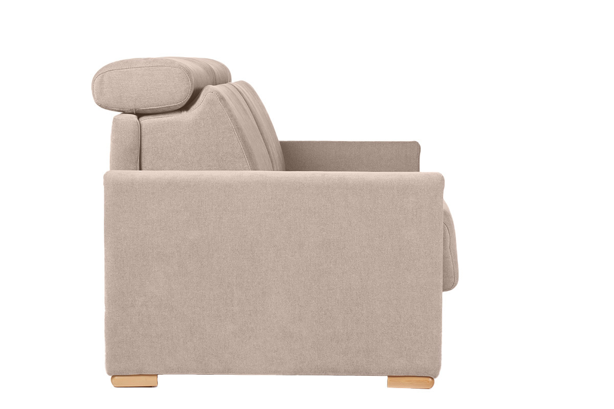 Schlafsofa mit verstellbaren Kopfsttzen fr 3 Personen in beige-samtigem Effektgewebe mit einer Matratze von 18 cm NORO