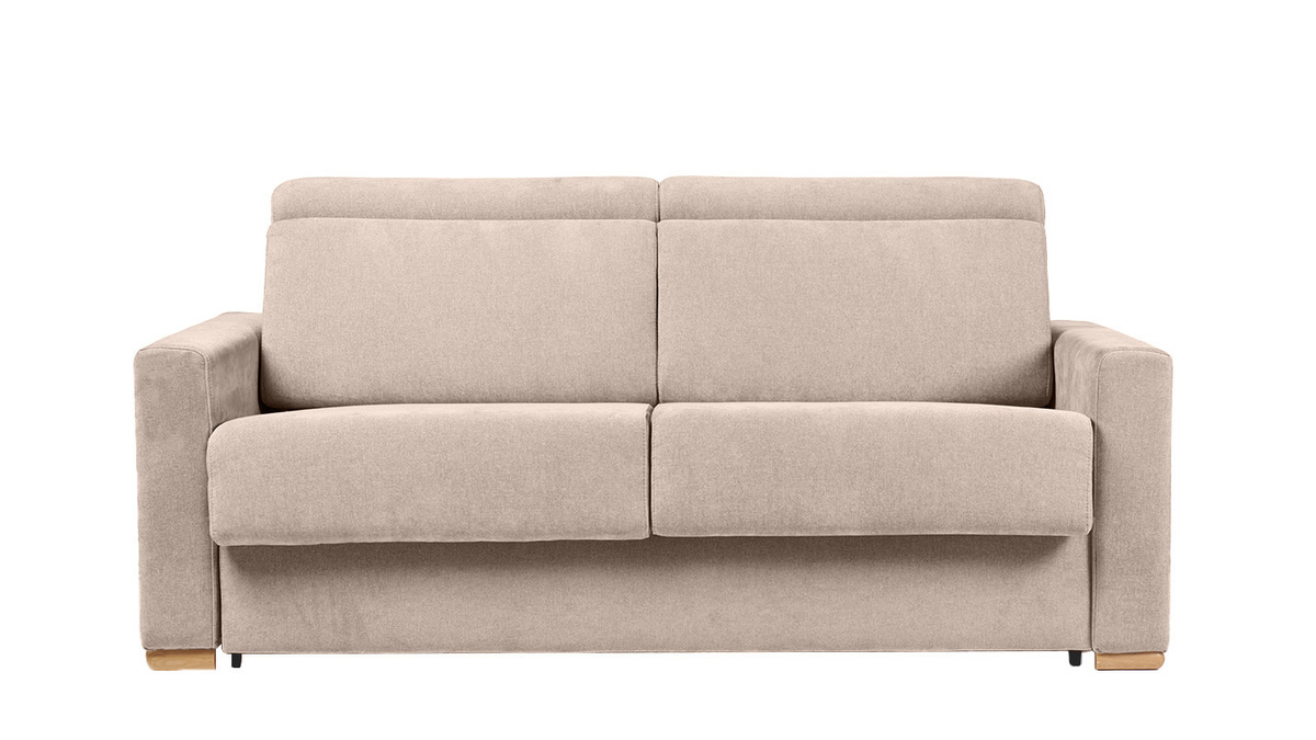 Schlafsofa mit verstellbaren Kopfsttzen fr 3 Personen in beige-samtigem Effektgewebe mit einer Matratze von 18 cm NORO