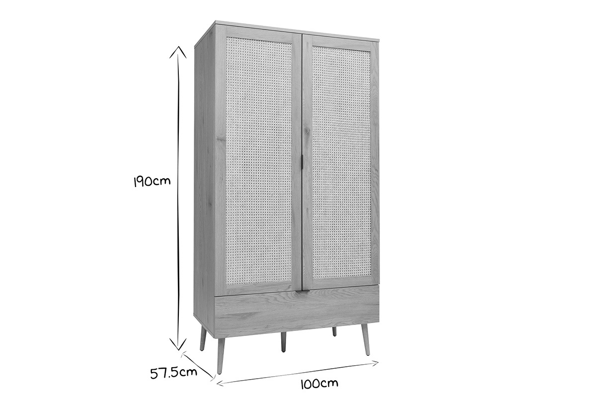 Schrank in heller Holzoptik, Rattan und schwarzem Metall H190 cm MANILLE