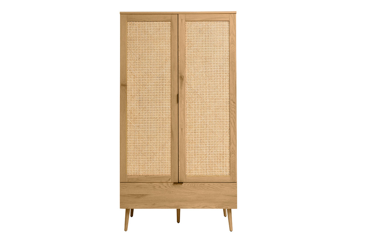 Schrank in heller Holzoptik, Rattan und schwarzem Metall H190 cm MANILLE