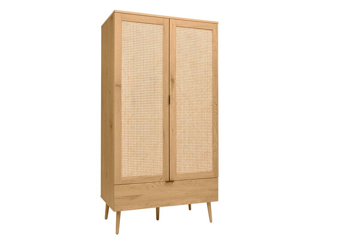 Schrank in heller Holzoptik, Rattan und schwarzem Metall H190 cm MANILLE