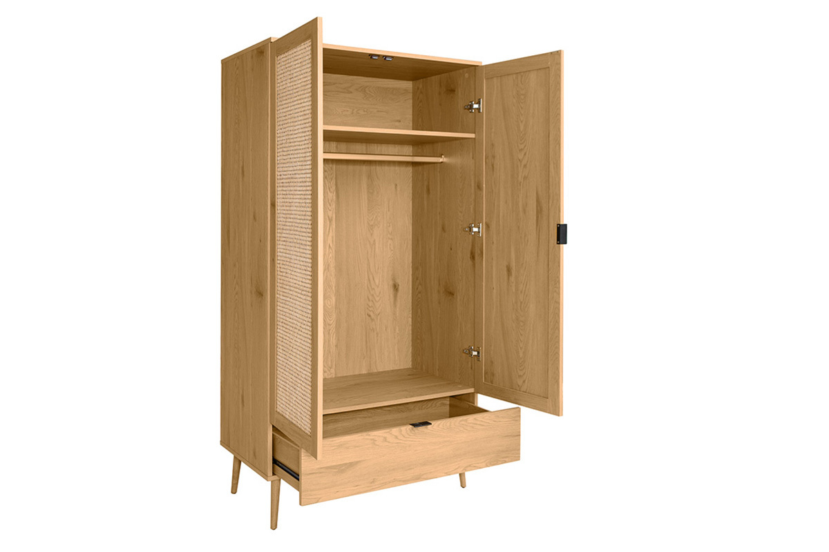 Schrank in heller Holzoptik, Rattan und schwarzem Metall H190 cm MANILLE