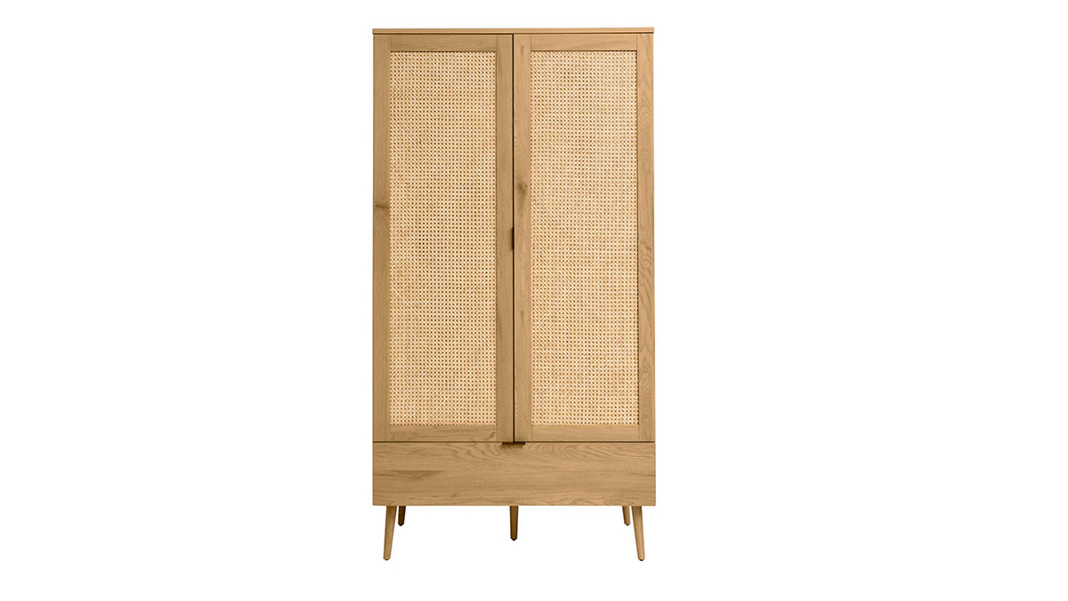 Schrank in heller Holzoptik, Rattan und schwarzem Metall H190 cm MANILLE