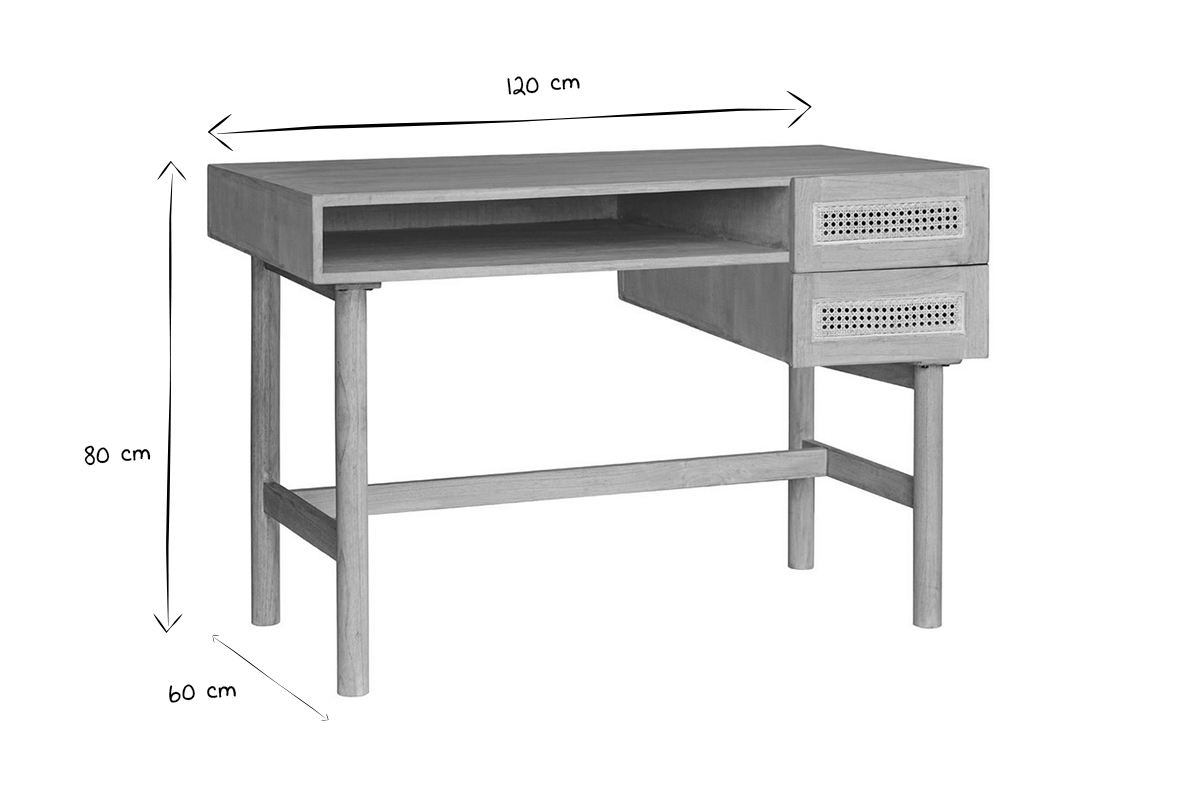 Schreibtisch aus hellem Holz mit Fach und Schubladen aus Rattangeflecht L120 cm GALINA.