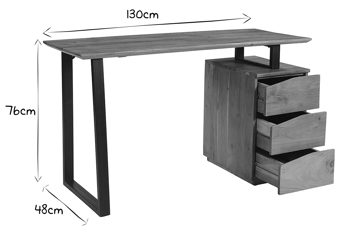 Schreibtisch aus massivem Akazienholz und schwarzem Metall mit 3 Schubladen B130 cm HORACE