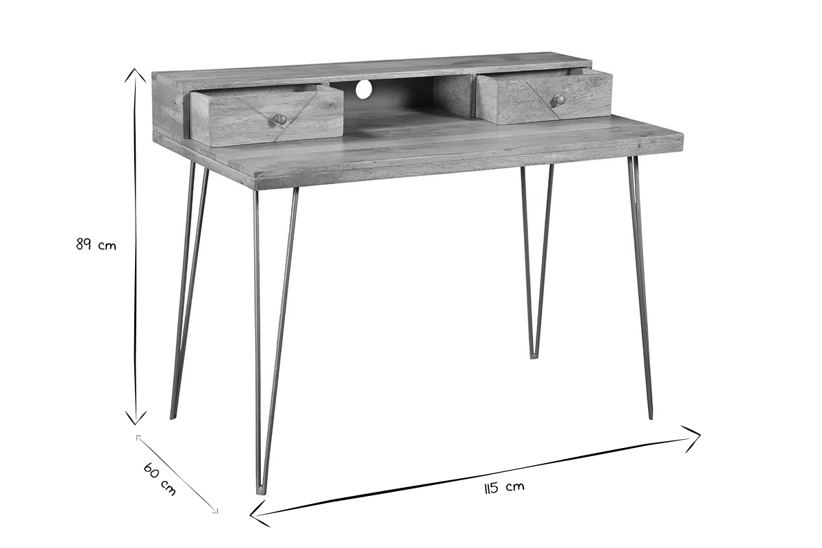 Schreibtisch aus massivem, eingraviertem Mangoholz und vergoldetem Metall B115 cm LINIUM