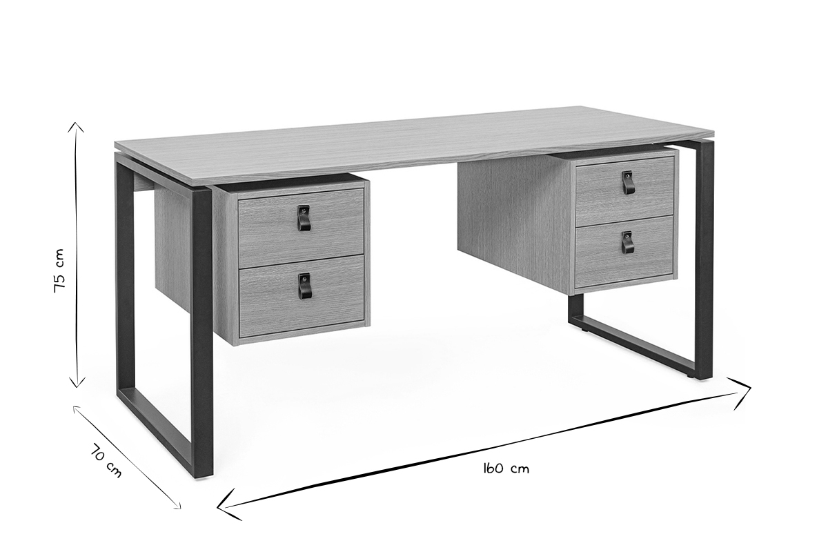 Schreibtisch Eichenfurnier mit schwarzem Metallgestell und 2 Schubladen B160 cm OPAL