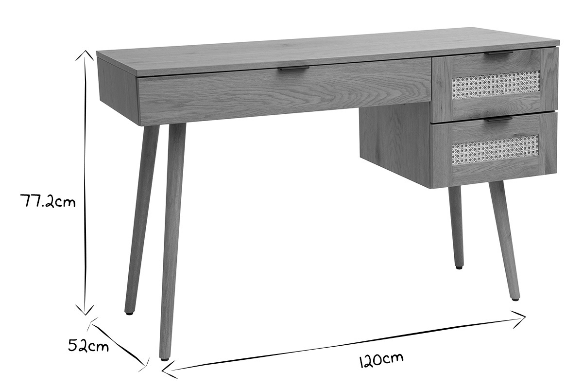 Schreibtisch in heller Holzoptik, mit Rattan und schwarzem Metall, 3 Schubladen L120 cm MANILLE