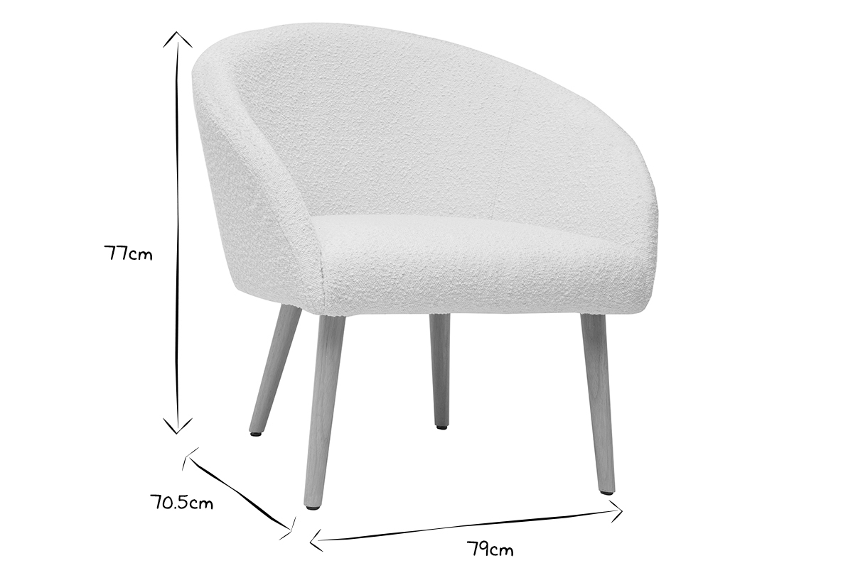 Sessel mit weiem Stoffbezug mit Boucl-Wolleffekt und hellen Holzbeinen OLIVIA