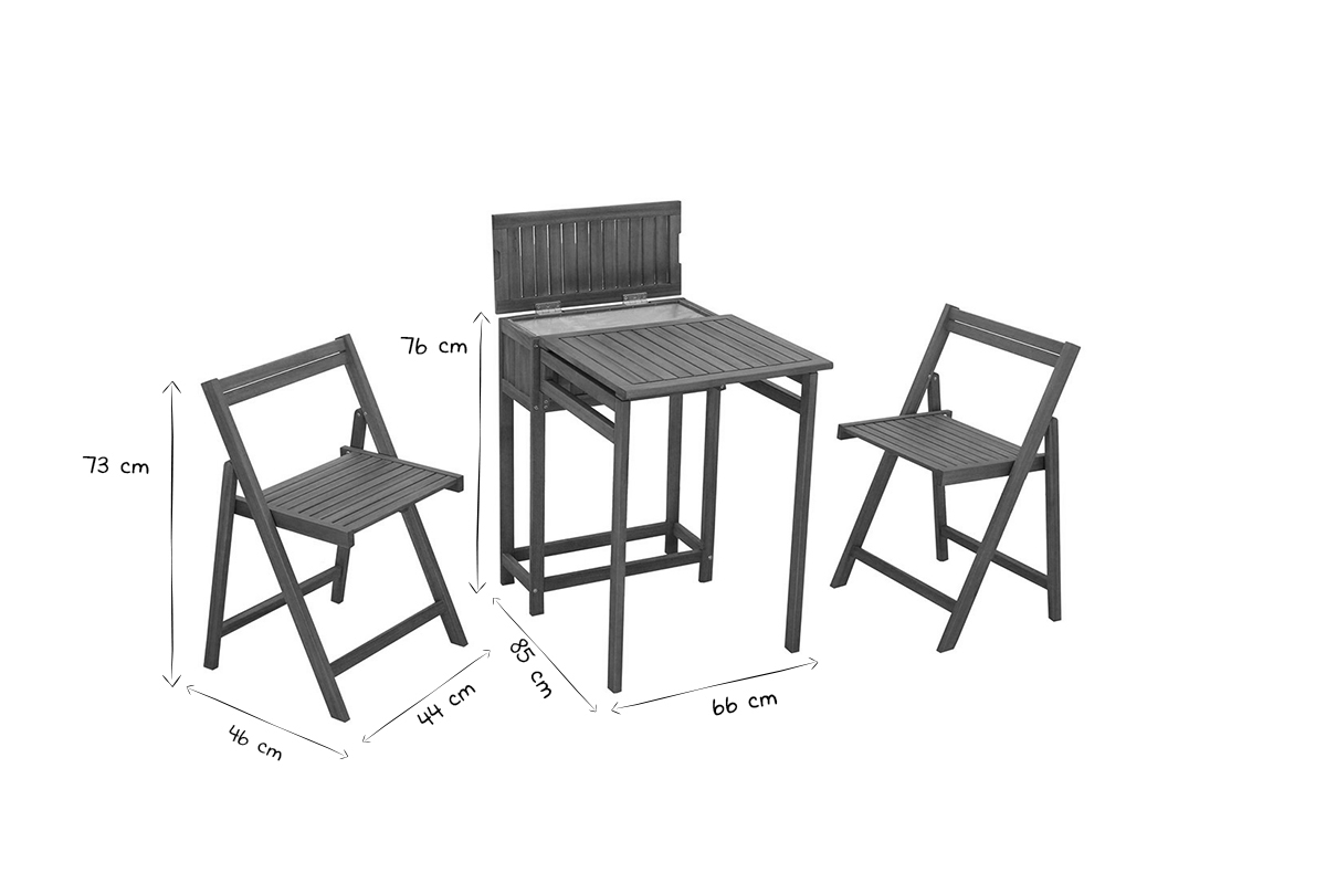 Set aus 2 Klappsthlen und 1 klappbaren Balkontisch mit Stauraum aus Massivholz PRADO