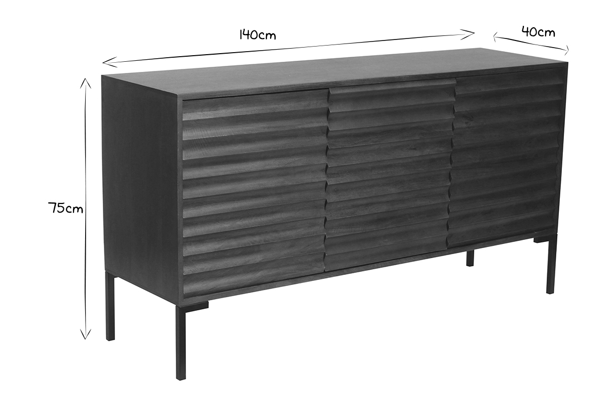 Sideboard aus dunklem, massivem Mangoholz und schwarzem Metall 3 Tren B140 cm ONDA