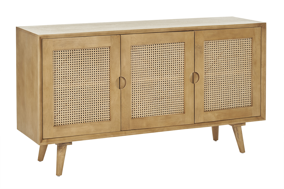 Sideboard aus Mangoholz und Rattangeflecht 3 Tren B145 cm LAKA