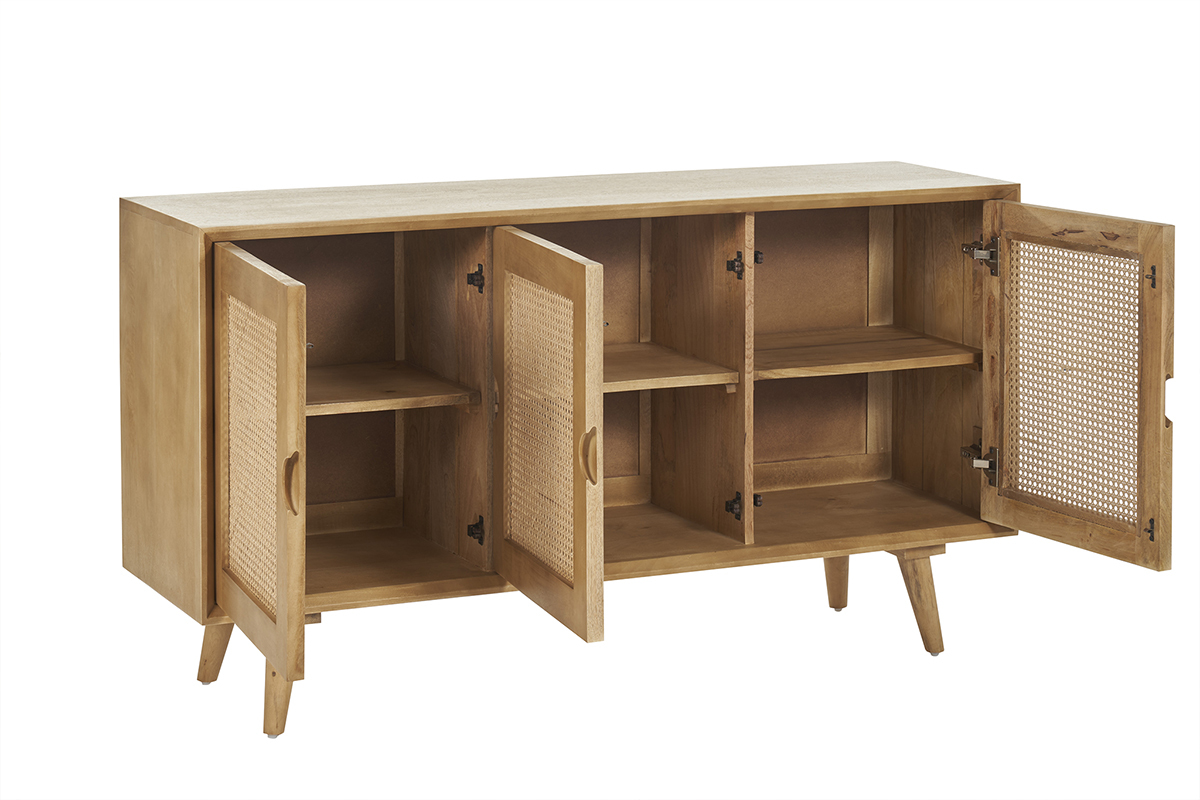 Sideboard aus Mangoholz und Rattangeflecht 3 Tren B145 cm LAKA