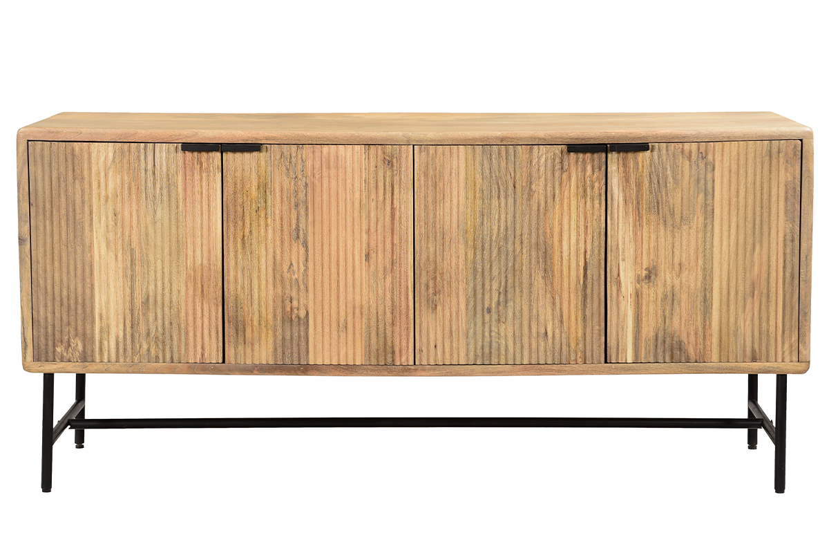 Sideboard aus massivem Mangoholz mit Gravuren und schwarzem Metall 4-trig B160 cm MORISSON