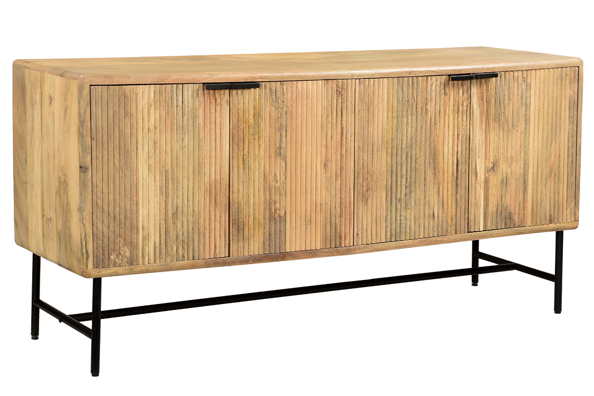 Sideboard aus massivem Mangoholz mit Gravuren und schwarzem Metall 4-trig B160 cm MORISSON