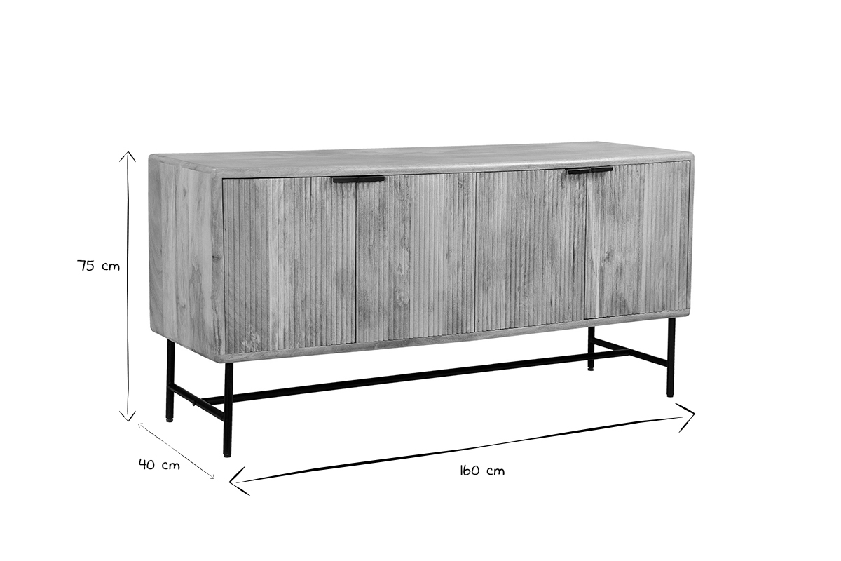 Sideboard aus massivem Mangoholz mit Gravuren und schwarzem Metall 4-trig B160 cm MORISSON