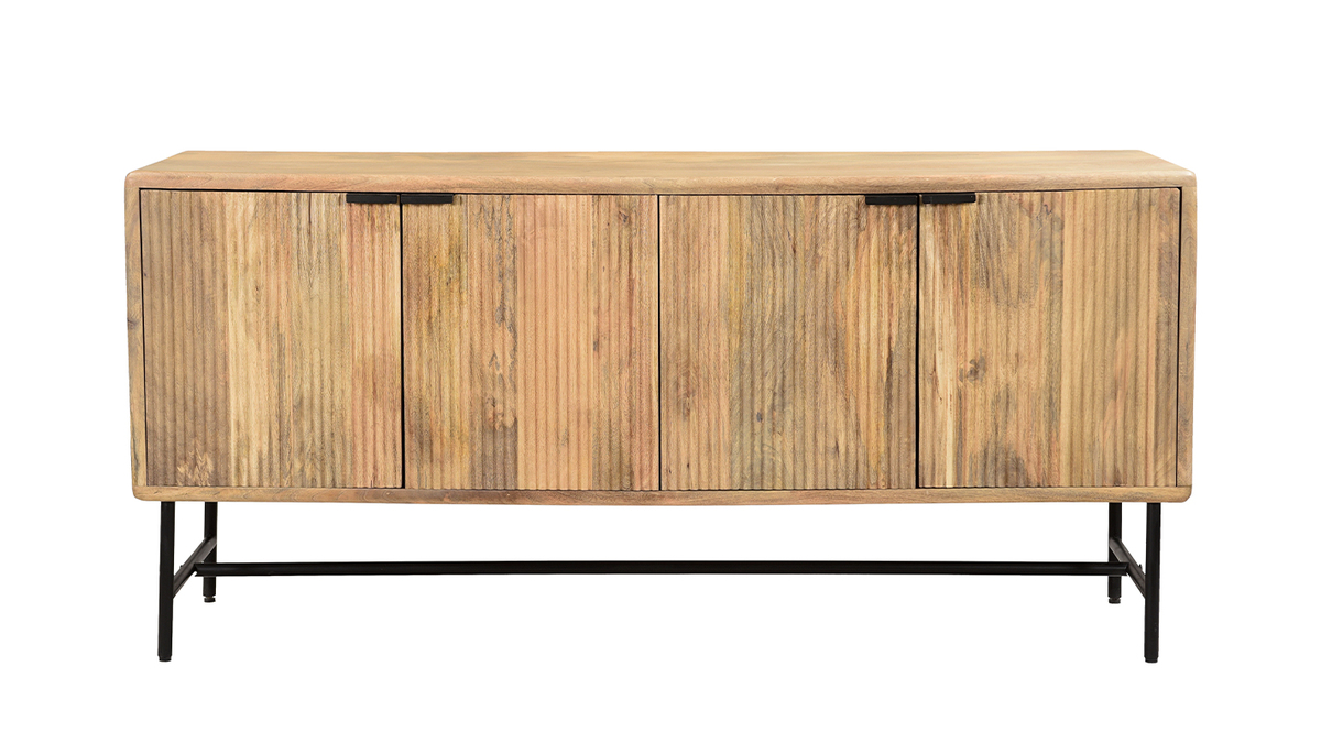 Sideboard aus massivem Mangoholz mit Gravuren und schwarzem Metall 4-trig B160 cm MORISSON