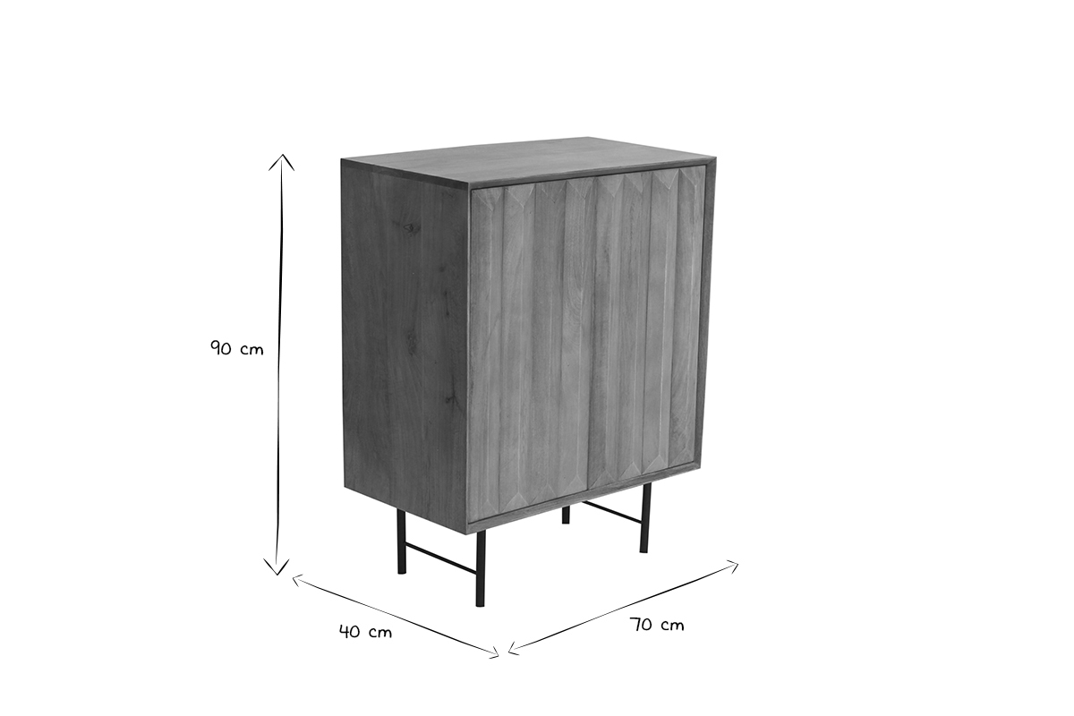 Sideboard aus massivem Mangoholz mit Relief und schwarzem Metall 2-trig B70 cm AGRA