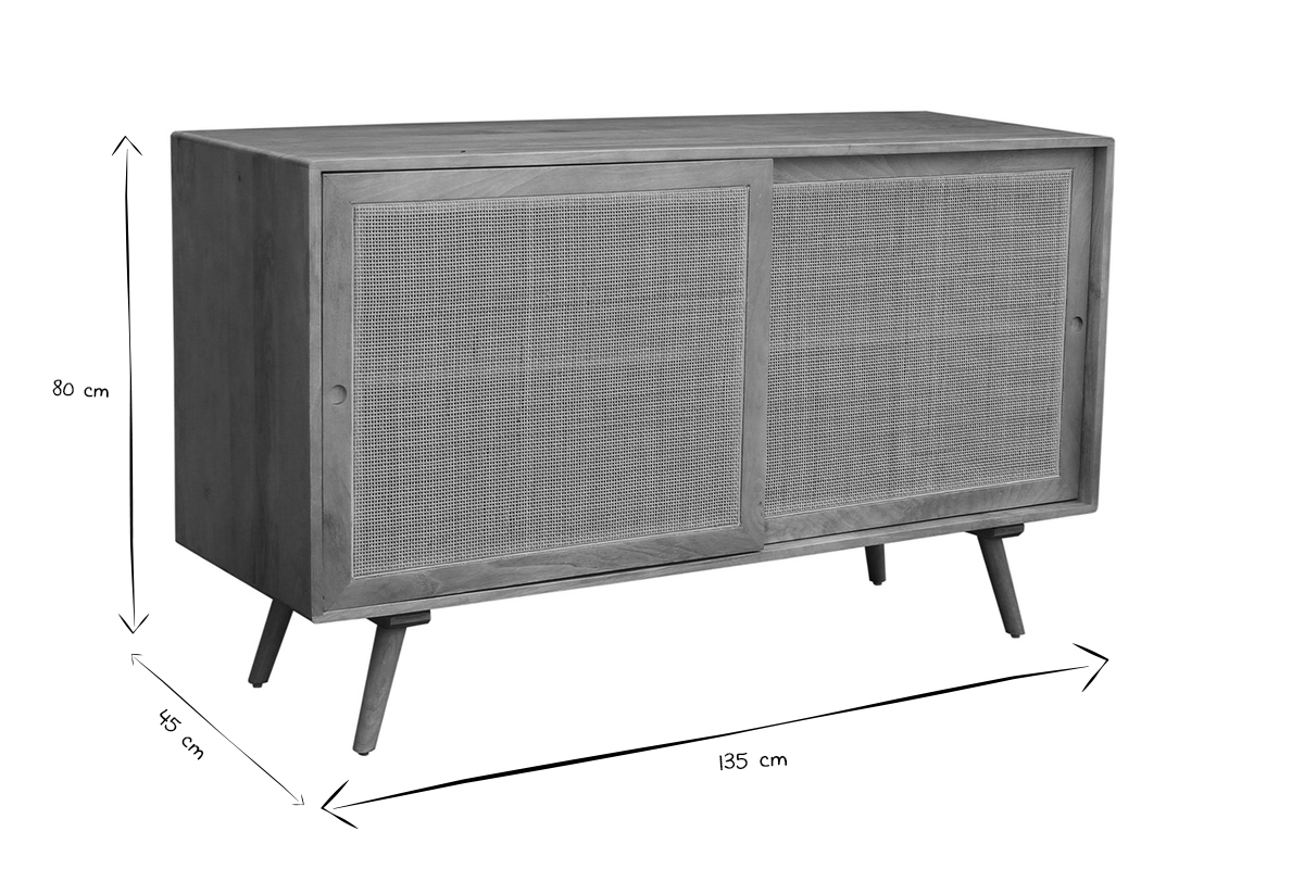 Sideboard aus massivem Mangoholz und Rattangeflecht 2 Schiebetren B135 cm ACANGE