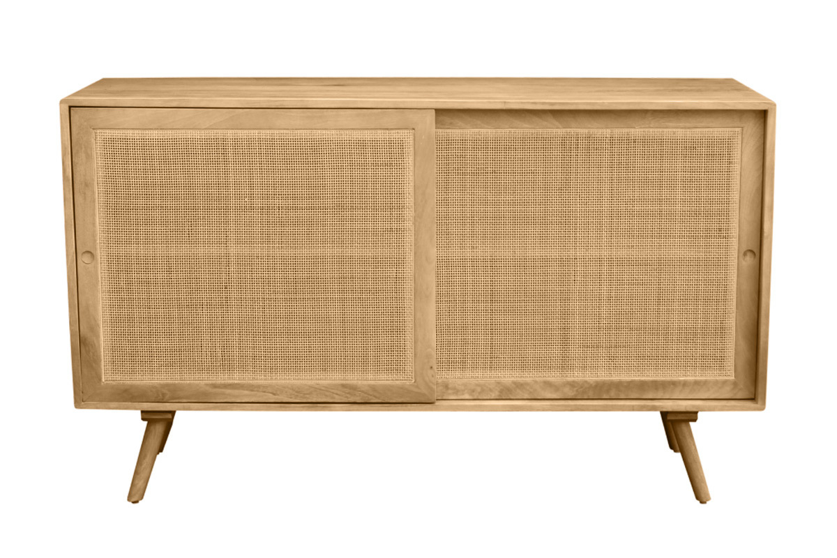 Sideboard aus massivem Mangoholz und Rattangeflecht 2 Schiebetren B135 cm ACANGE