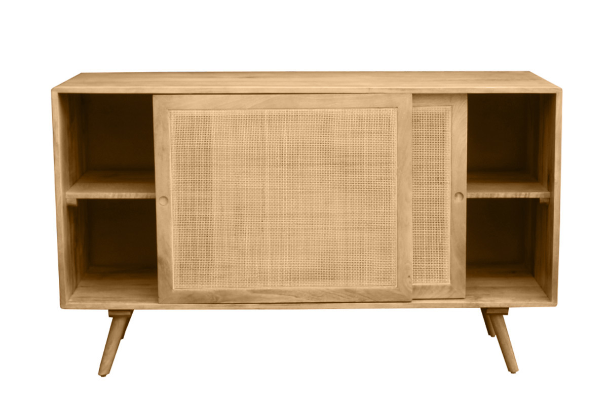 Sideboard aus massivem Mangoholz und Rattangeflecht 2 Schiebetren B135 cm ACANGE