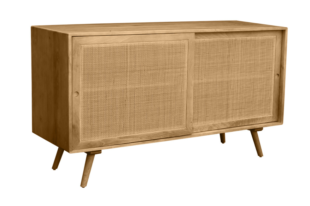 Sideboard aus massivem Mangoholz und Rattangeflecht 2 Schiebetren B135 cm ACANGE