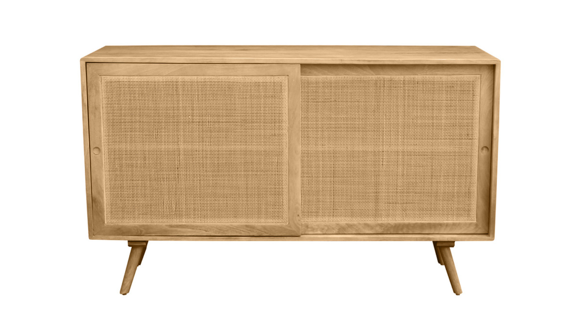 Sideboard aus massivem Mangoholz und Rattangeflecht 2 Schiebetren B135 cm ACANGE