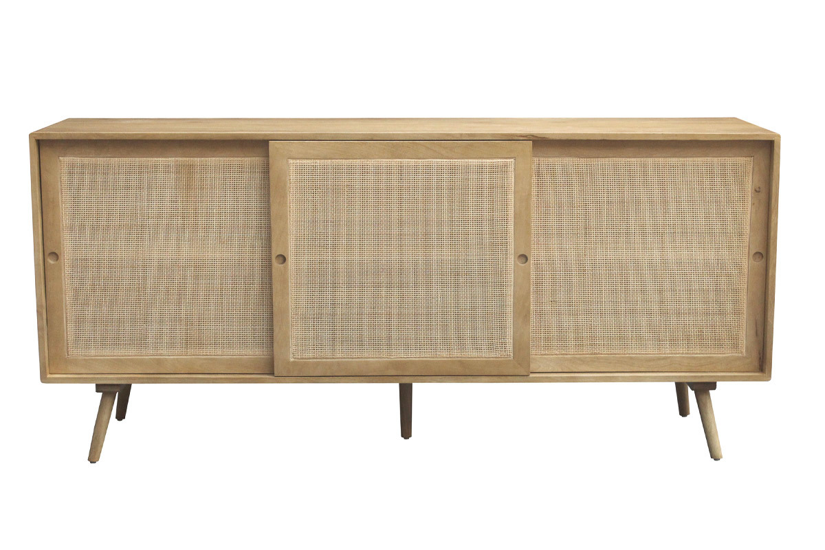 Sideboard aus massivem Mangoholz und Rattangeflecht 3 Schiebetren B180 cm ACANGE