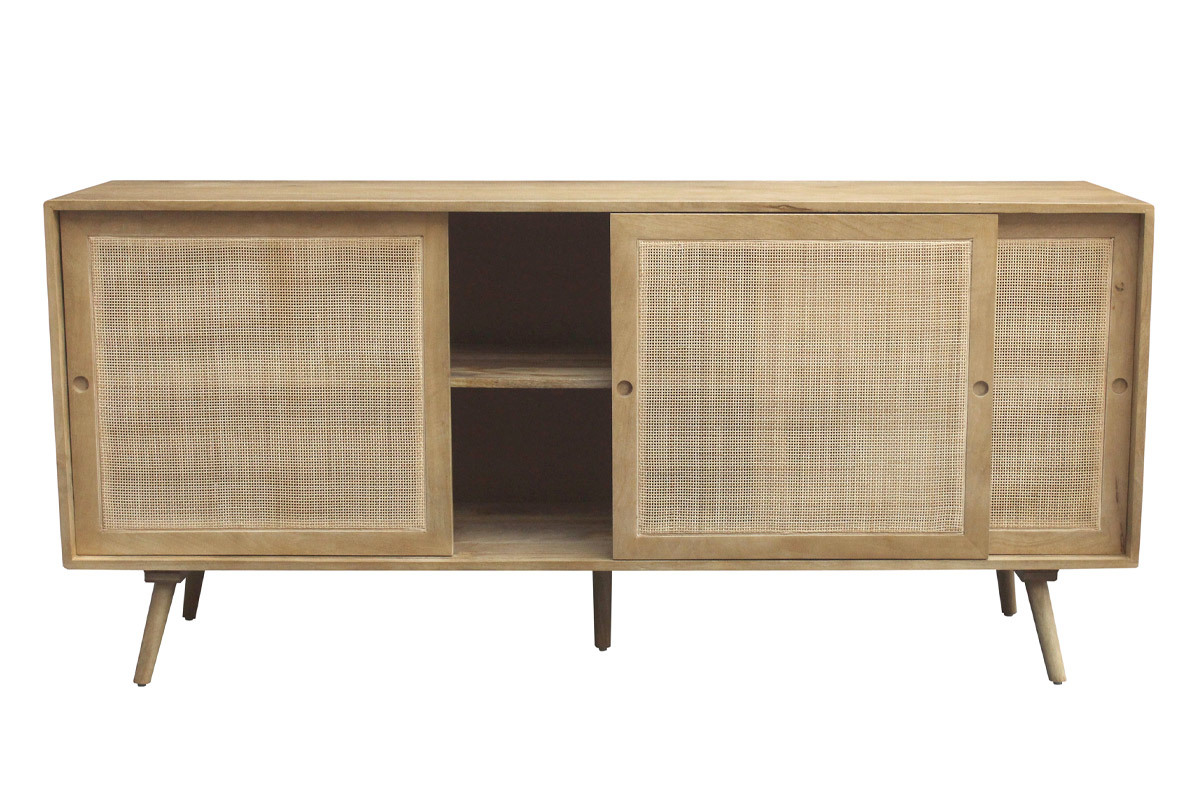 Sideboard aus massivem Mangoholz und Rattangeflecht 3 Schiebetren B180 cm ACANGE