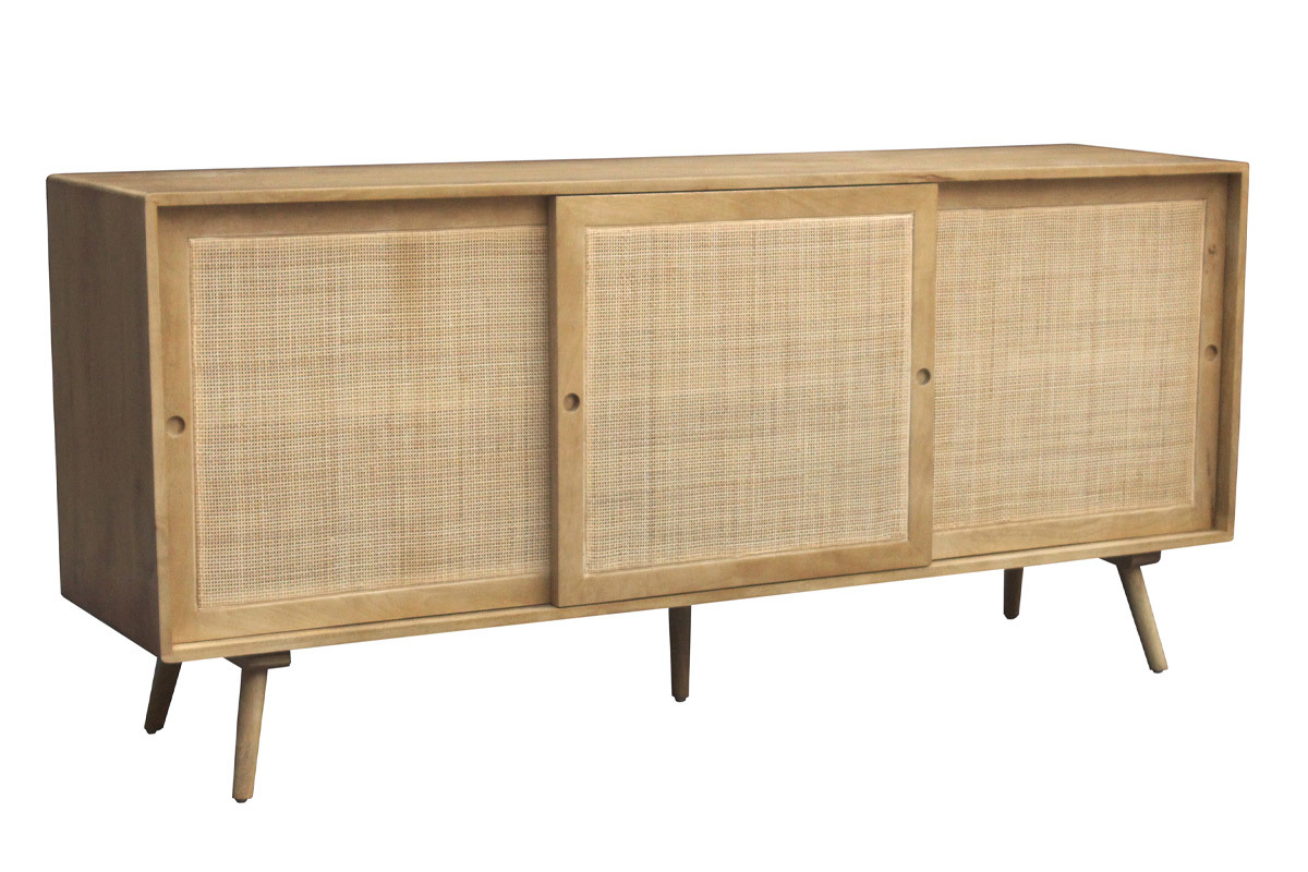 Sideboard aus massivem Mangoholz und Rattangeflecht 3 Schiebetren B180 cm ACANGE