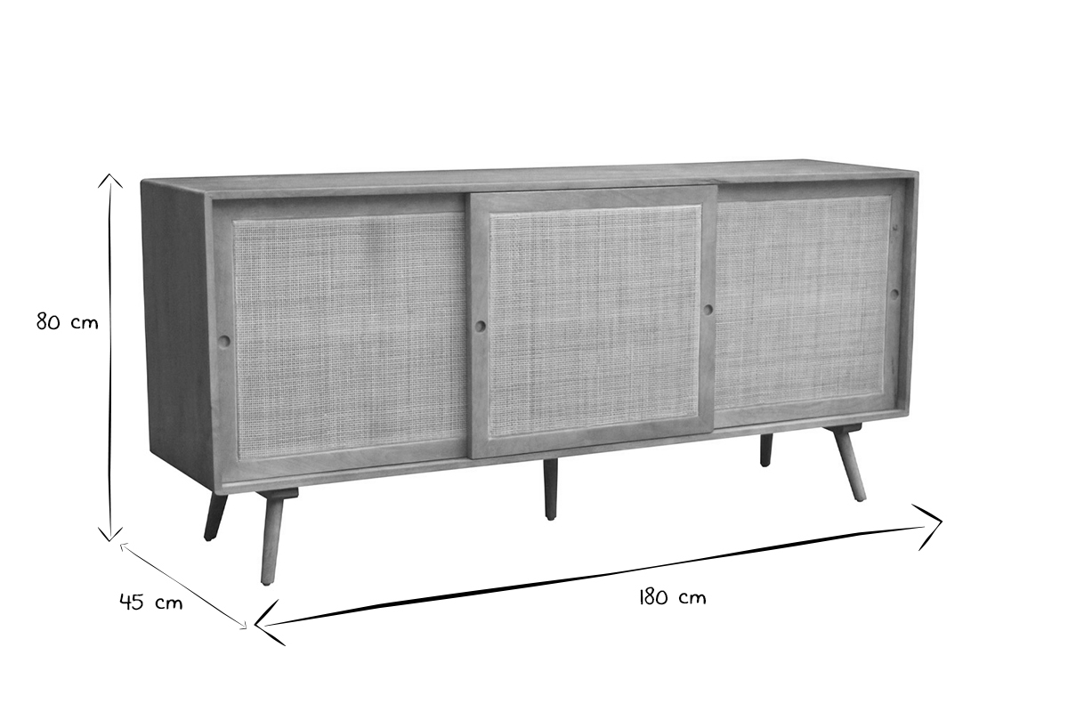 Sideboard aus massivem Mangoholz und Rattangeflecht 3 Schiebetren B180 cm ACANGE