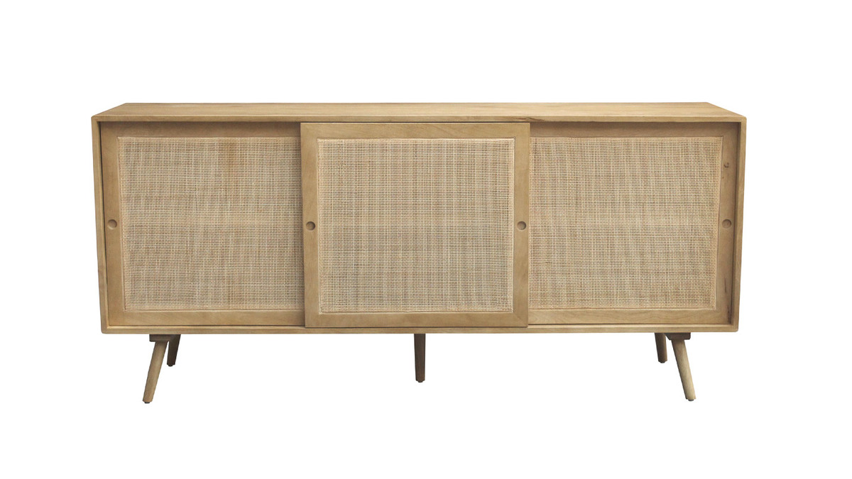 Sideboard aus massivem Mangoholz und Rattangeflecht 3 Schiebetren B180 cm ACANGE