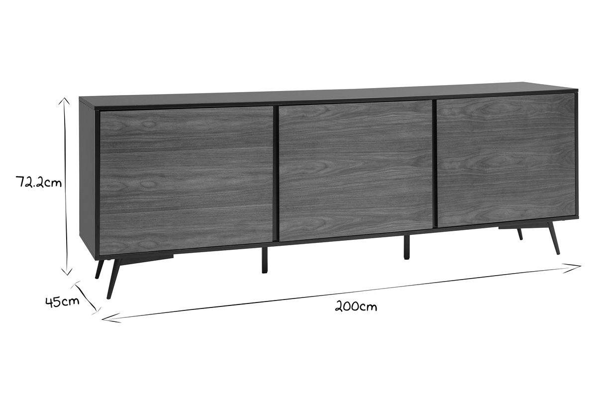 Sideboard mattschwarz Walnussfurnier 3 Tren B200 cm MERMOZ