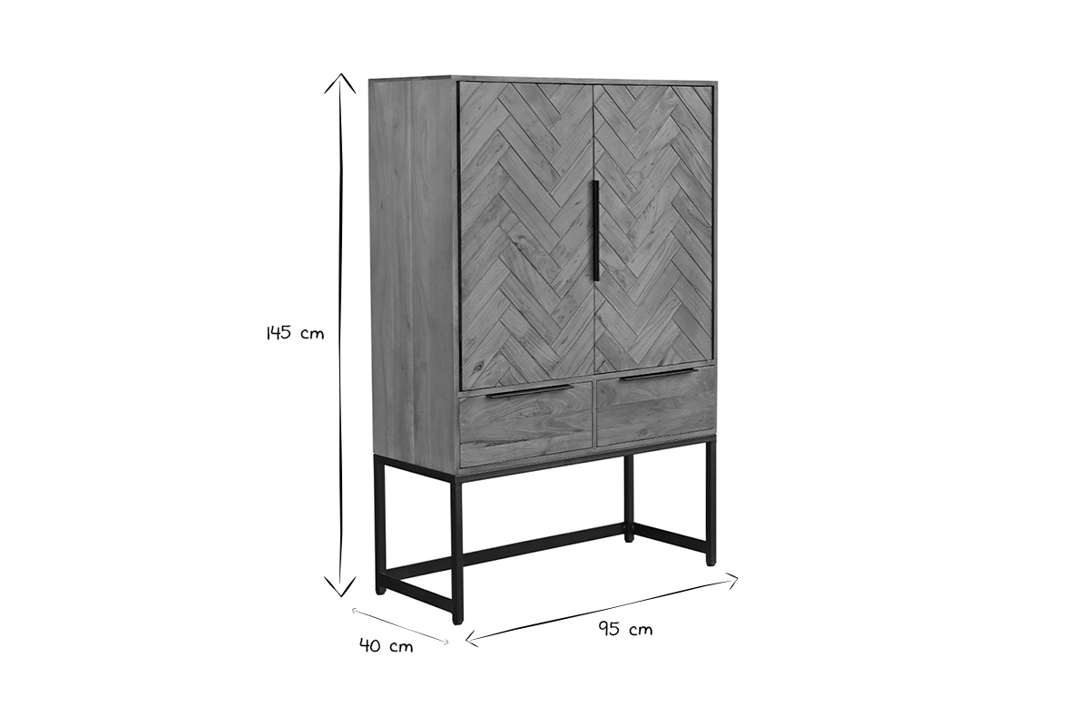 Sideboard mit Fischgrtenmuster aus Massivholz und schwarzem Metall 2 Tren 2 Schubladen STICK