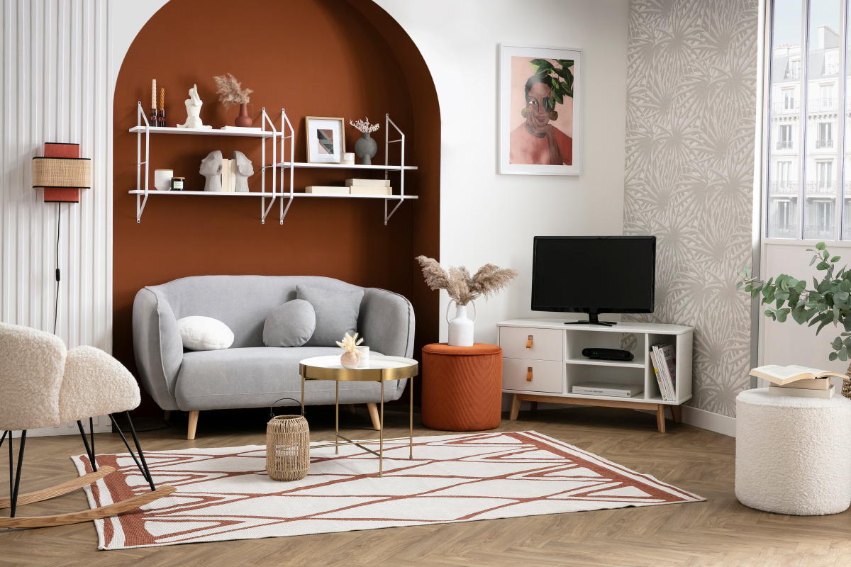 Skandinavisch inspiriertes Sofa aus senfgelbem Stoff mit Samt-Effekt Zwei-Sitzer FOLK