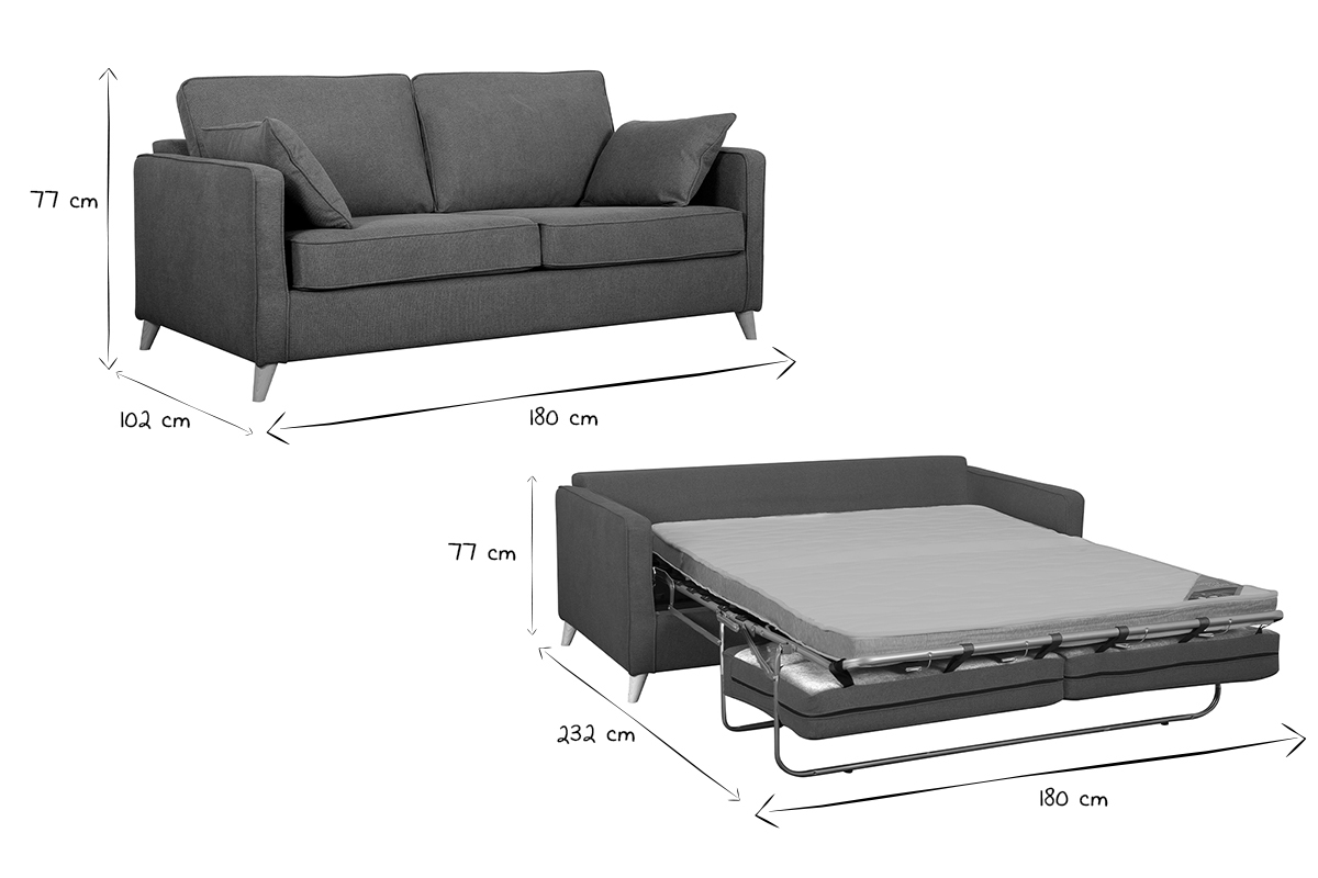 Skandinavische Schlafcouch aus anthrazitgrauem Stoff und hellem Holz mit Matratze Dicke 10cm 3-Sitzer PAPEL