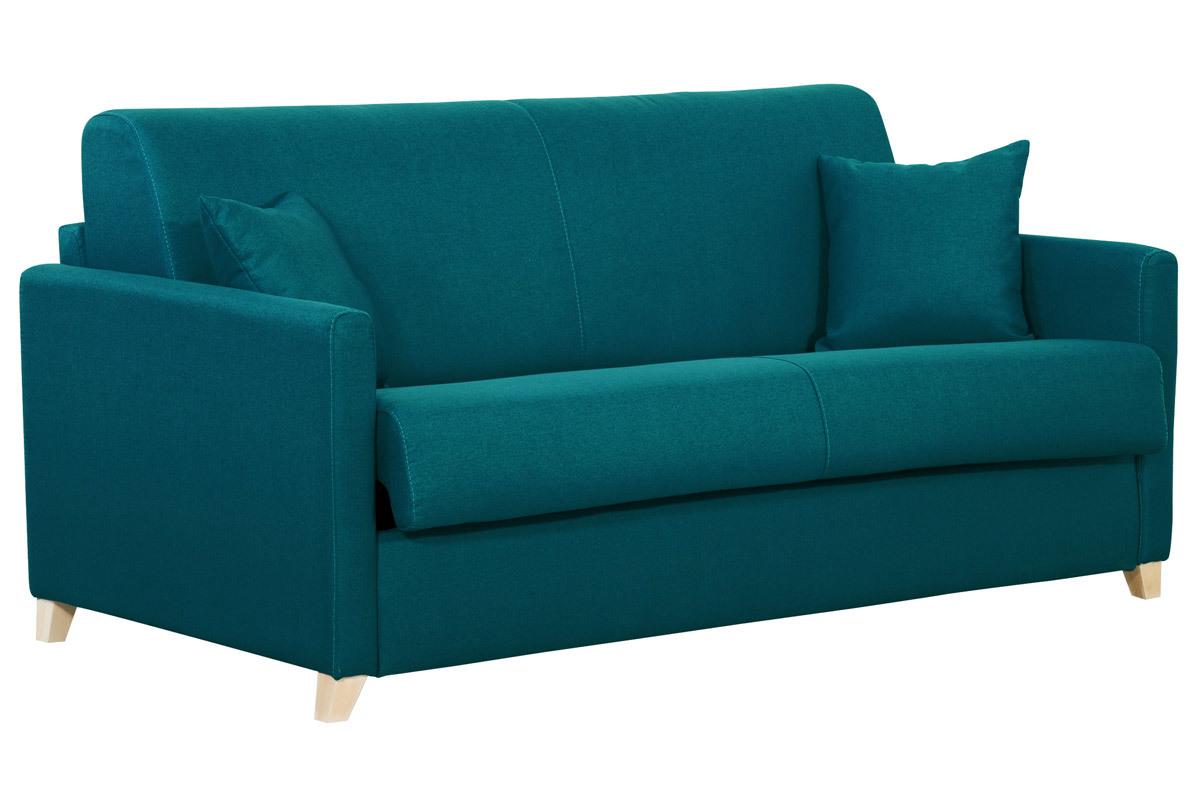 Skandinavische Schlafcouch entenblau aus hellem Holz mit Matratze 18 cm 3-Sitzer SKANDY