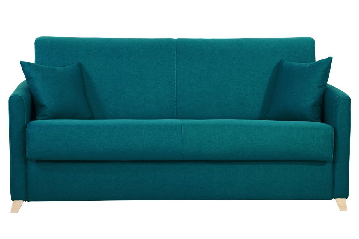 Skandinavische Schlafcouch entenblau aus hellem Holz mit Matratze 18 cm 3-Sitzer SKANDY