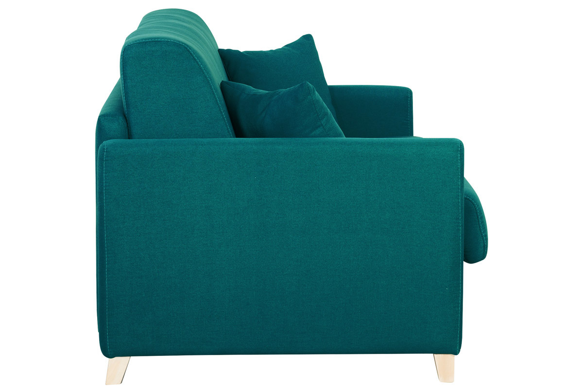 Skandinavische Schlafcouch entenblau aus hellem Holz mit Matratze 18 cm 3-Sitzer SKANDY