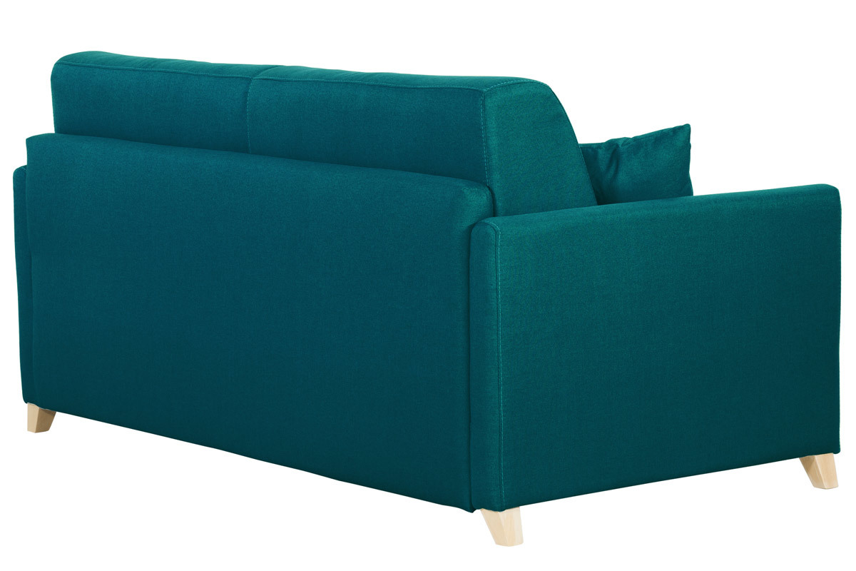 Skandinavische Schlafcouch entenblau aus hellem Holz mit Matratze 18 cm 3-Sitzer SKANDY