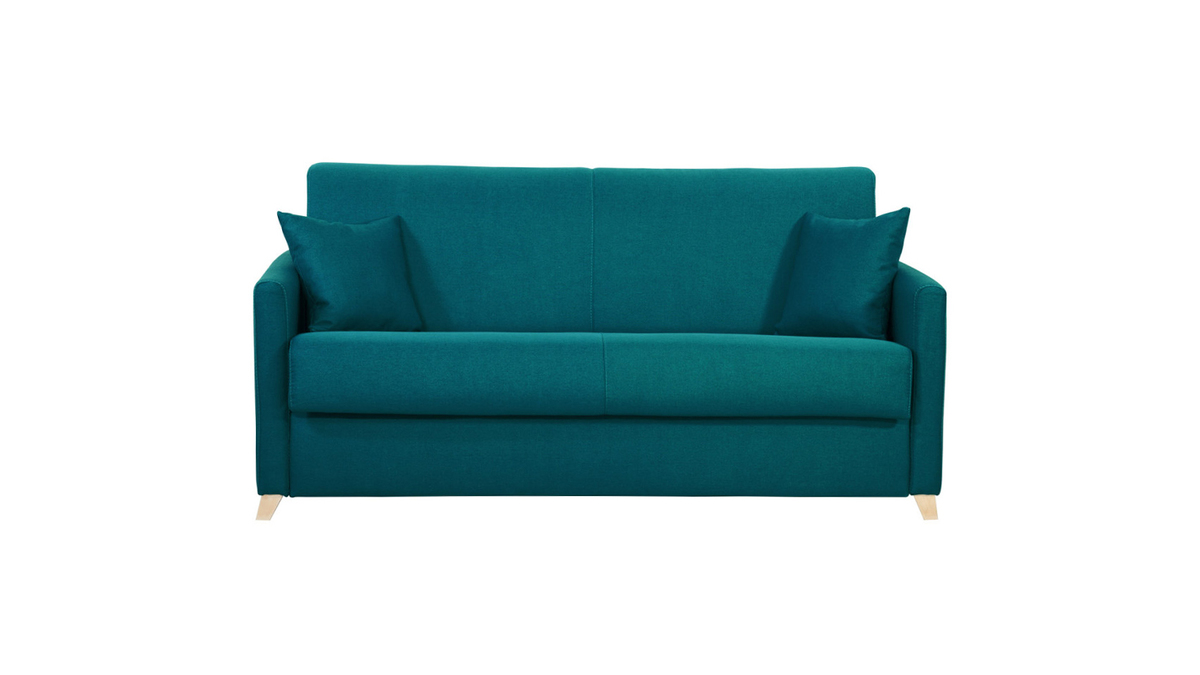 Skandinavische Schlafcouch entenblau aus hellem Holz mit Matratze 18 cm 3-Sitzer SKANDY