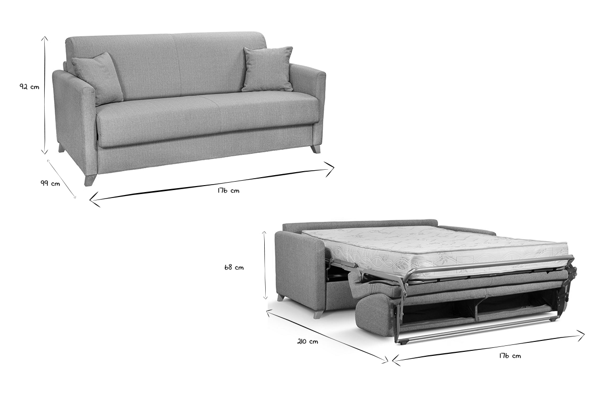 Skandinavische Schlafcouch hellgrau mit Matratze 18 cm 3-Sitzer SKANDY