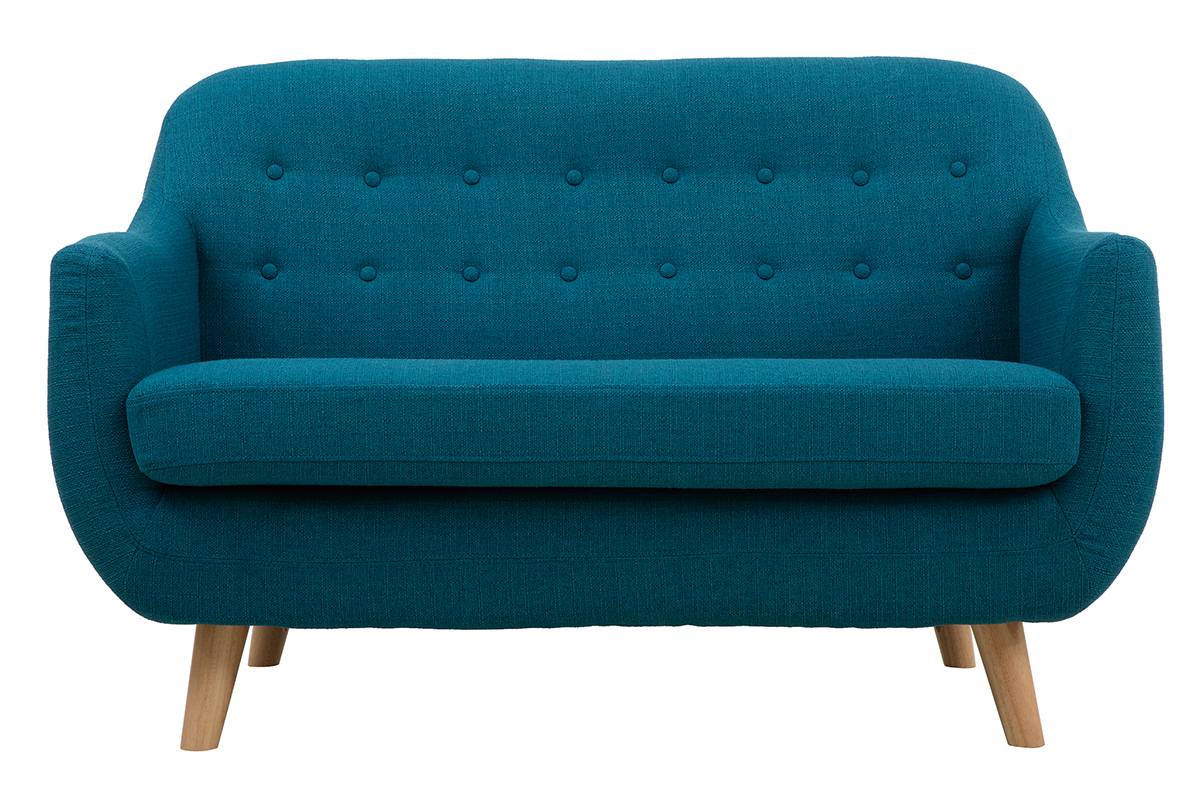 Skandinavisches 2-Sitzer-Sofa mit abnehmbarem Bezug in entenblau und Holz YNOK