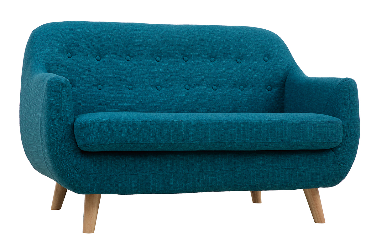 Skandinavisches 2-Sitzer-Sofa mit abnehmbarem Bezug in entenblau und Holz YNOK