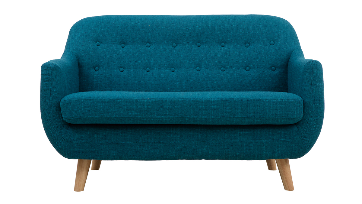 Skandinavisches 2-Sitzer-Sofa mit abnehmbarem Bezug in entenblau und Holz YNOK