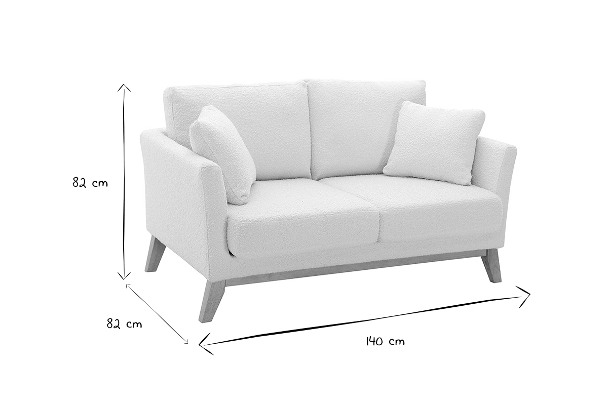 Skandinavisches 2-Sitzer-Sofa mit abnehmbarem Bezug in Wei mit Boucl-Wolleffekt und Holzfen OSLO