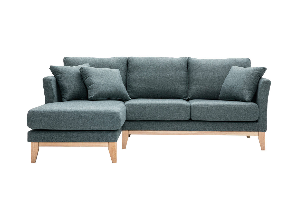 Skandinavisches 3/4-Sitzer-Ecksofa linksseitig mit abziehbarem, graugrnem Stoff und hellem Holz OSLO