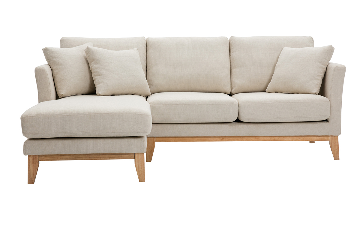 Skandinavisches Ecksofa links aus beigem Stoff mit abnehmbaren Bezgen und hellem Holz 3-4 Sitzer OSLO