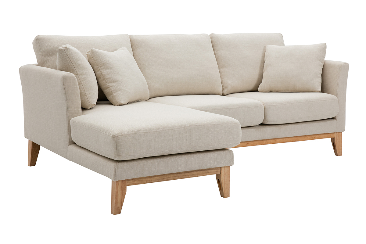 Skandinavisches Ecksofa links aus beigem Stoff mit abnehmbaren Bezgen und hellem Holz 3-4 Sitzer OSLO