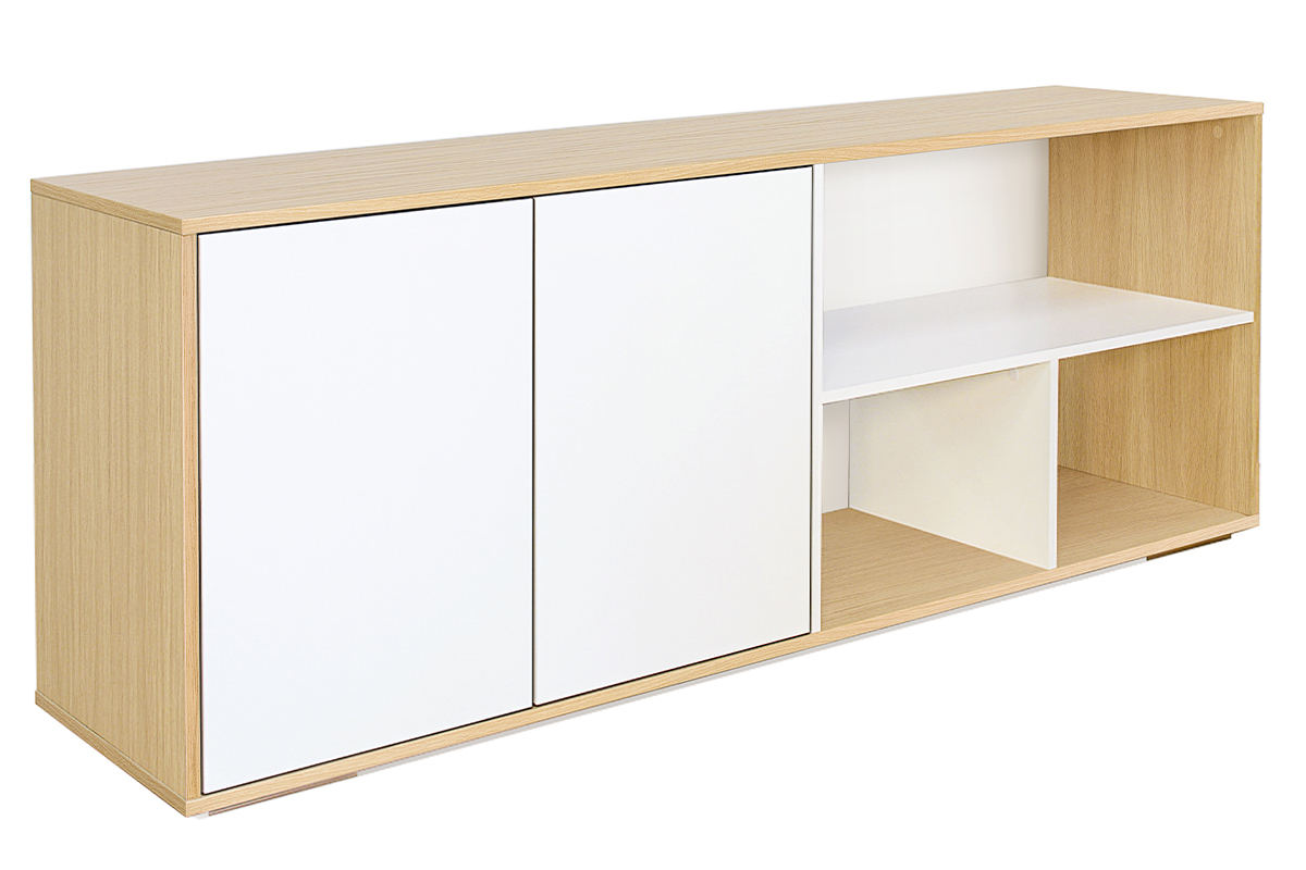 Skandinavisches niedriges Sideboard in Wei und hellem Holz aus massiver Eiche B190 cm EZIA